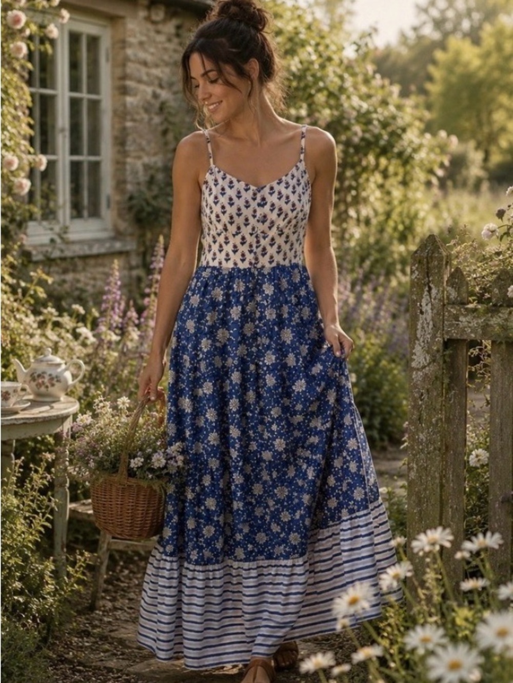 J. Crew Blue and White Floral Patchwork Maxi Dress